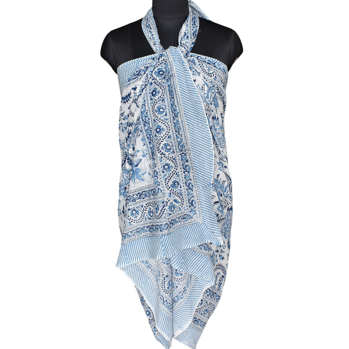 Beach Wrap Sarong Womens Swimwear Wraparound Pareo Soft Cotton Hand Block Printed Bela Palace Blue 601088