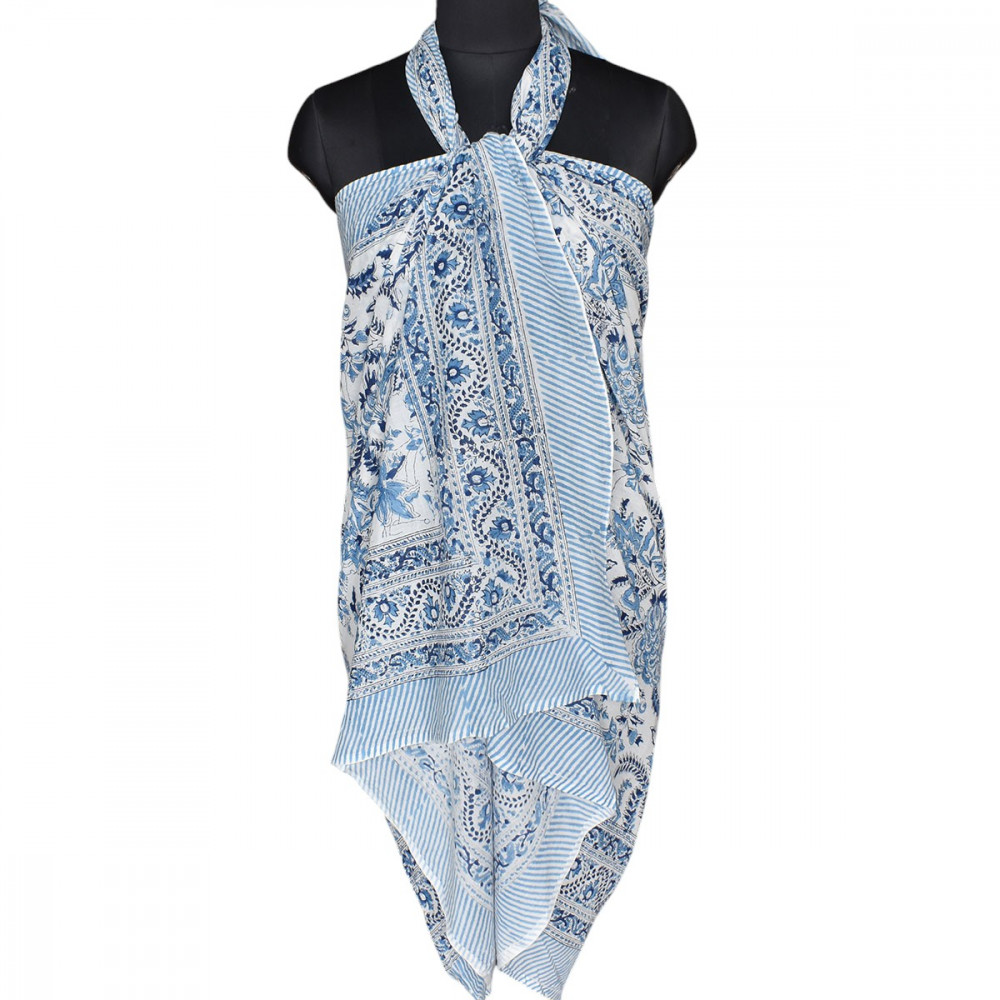 Image of Beach Wrap Sarong Women&#039;s Swimwear Wraparound Pareo Soft Cotton Hand Block Printed | Bela Palace Blue 601088