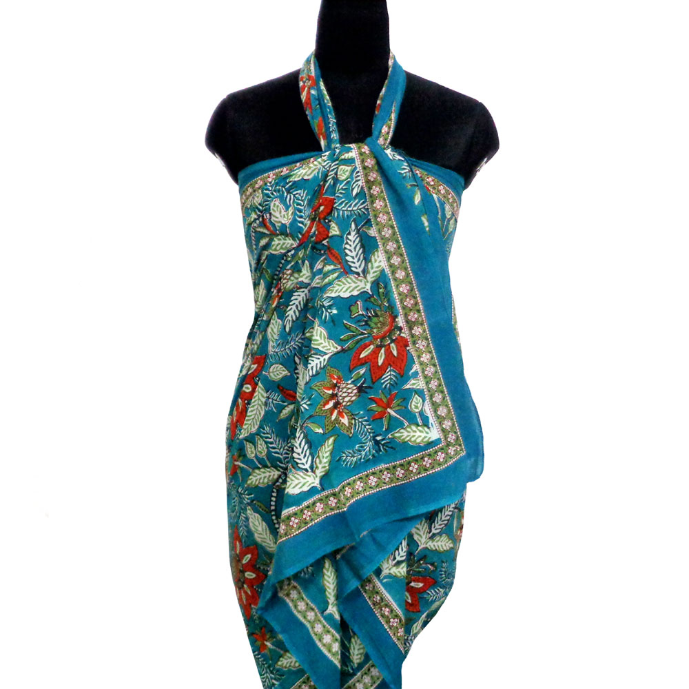 Beach Wrap Sarong Wraparound Pareo Soft Cotton Hand Block Printed Bossanova Green Gud 393939