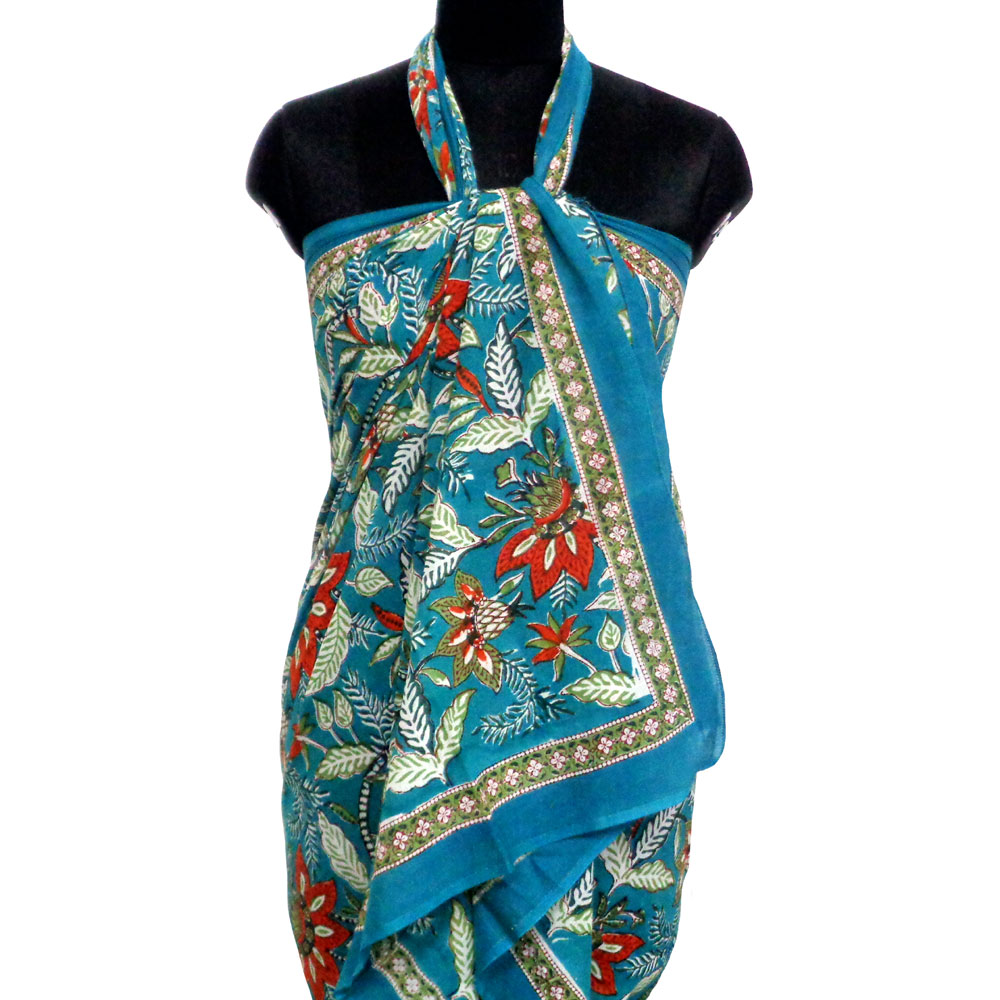 Beach Wrap Sarong Wraparound Pareo Soft Cotton Hand Block Printed Bossanova Green Gud 393939