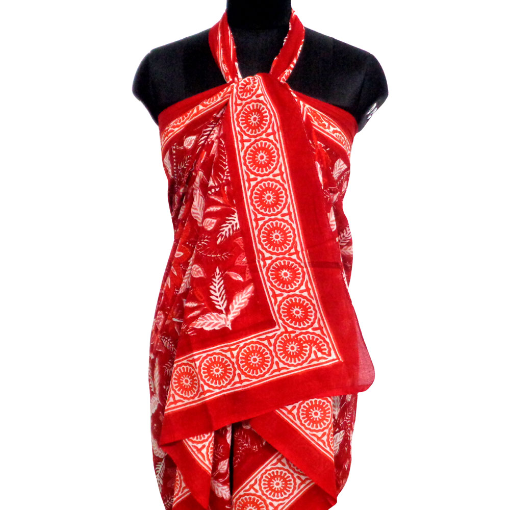 Beach Wrap Sarong Womens Swimwear Wraparound Pareo Soft Cotton Hand Block Printed Bossanova Red Gud 208858