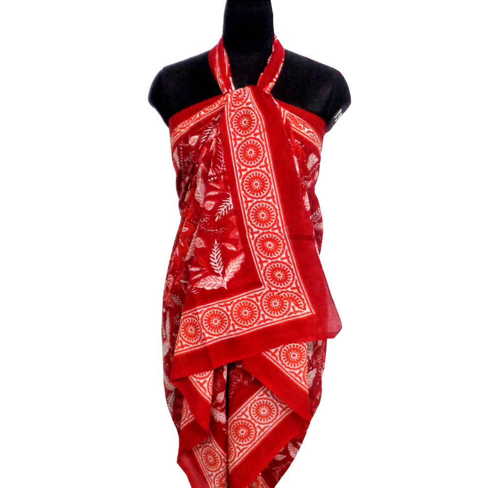 Beach Wrap Sarong Womens Swimwear Wraparound Pareo Soft Cotton Hand Block Printed Bossanova Red Gud 208858