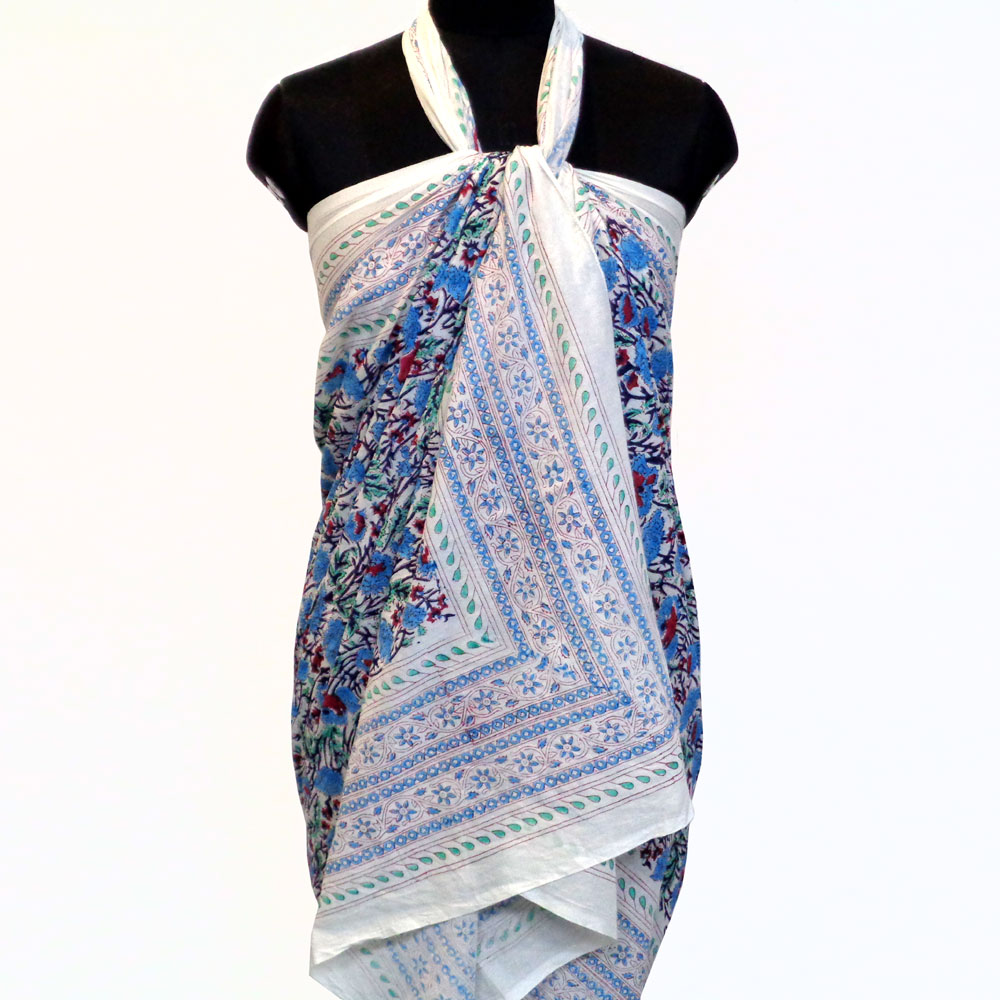 Beach Wrap Sarong Womens Swimwear Wraparound Pareo Soft Cotton Hand Block Printed Bush Flower Blue Open 102569