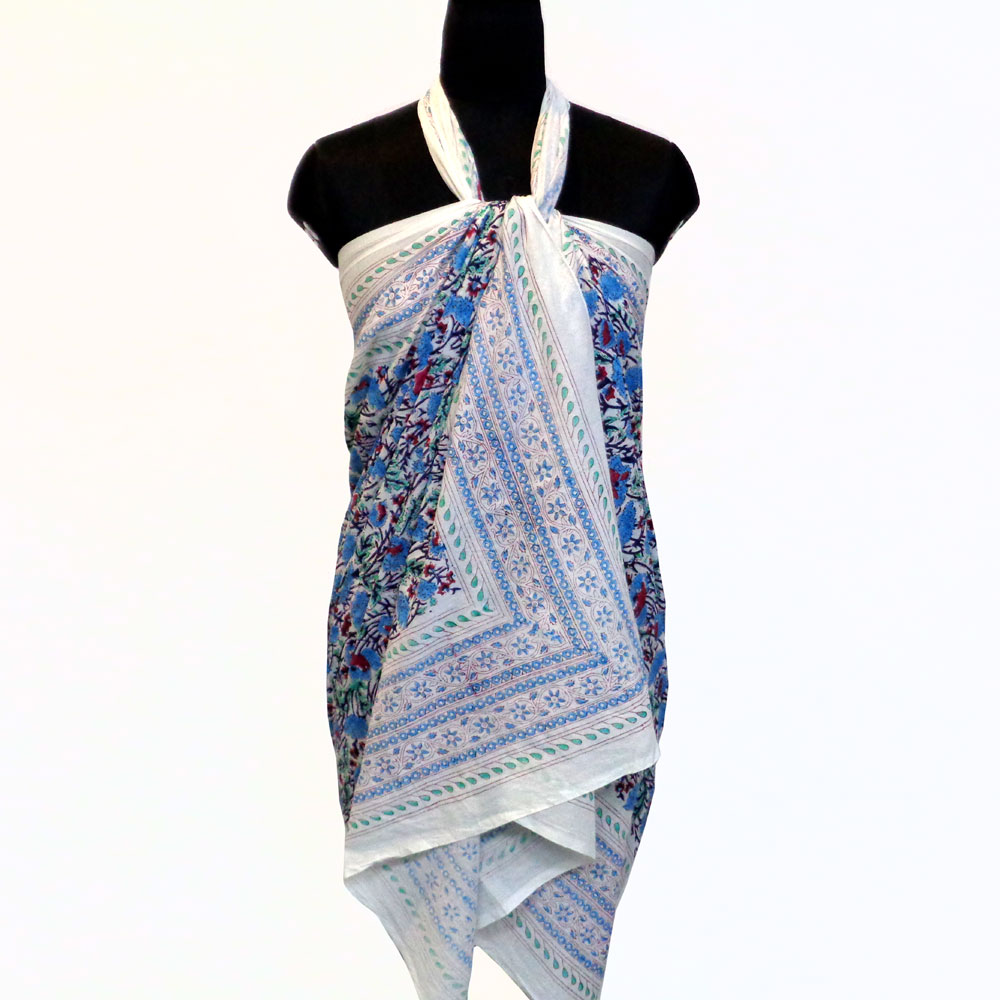 Beach Wrap Sarong Womens Swimwear Wraparound Pareo Soft Cotton Hand Block Printed Bush Flower Blue Open 102569