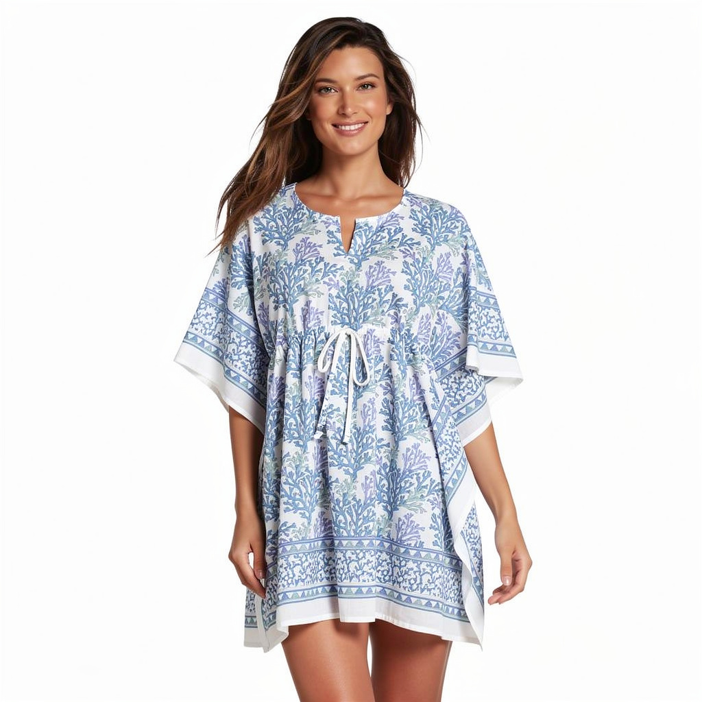 String Kaftan Free Size Indian Block Printed on Soft Cotton Voile  Coral Multi Blue 502087