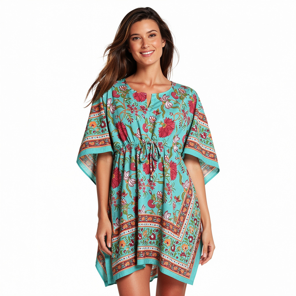 String Kaftan Free Size Indian Block Printed on Soft Cotton Voile Flower Blossom Jade Gud 104415