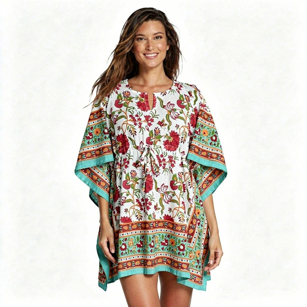 String Kaftan Free Size Indian Block Printed on Soft Cotton Voile Flower Blossom Jade Open 109122