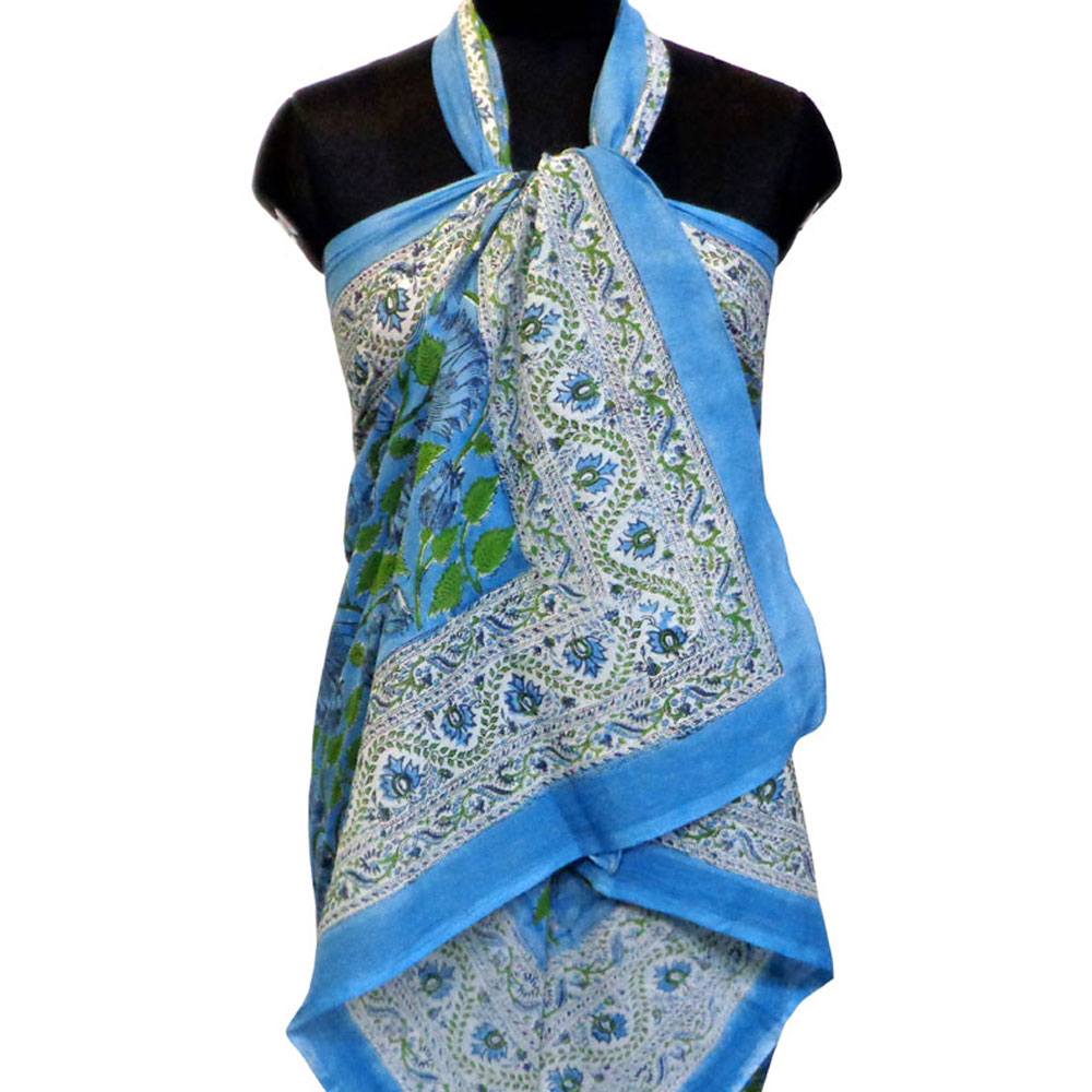 Beach Wrap Sarong Womens Swimwear Wraparound Pareo Soft Cotton Hand Block Printed Kamal Aqua Gud 105978