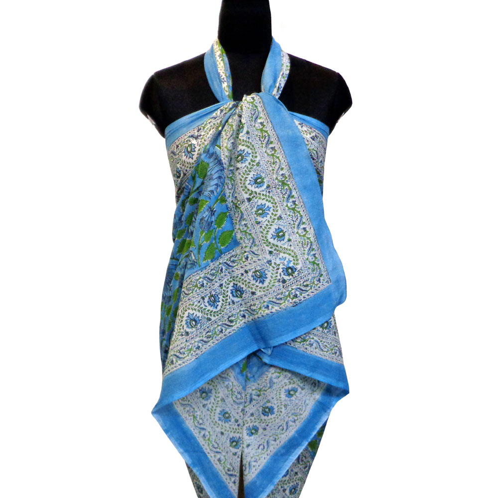 Beach Wrap Sarong Womens Swimwear Wraparound Pareo Soft Cotton Hand Block Printed Kamal Aqua Gud 105978
