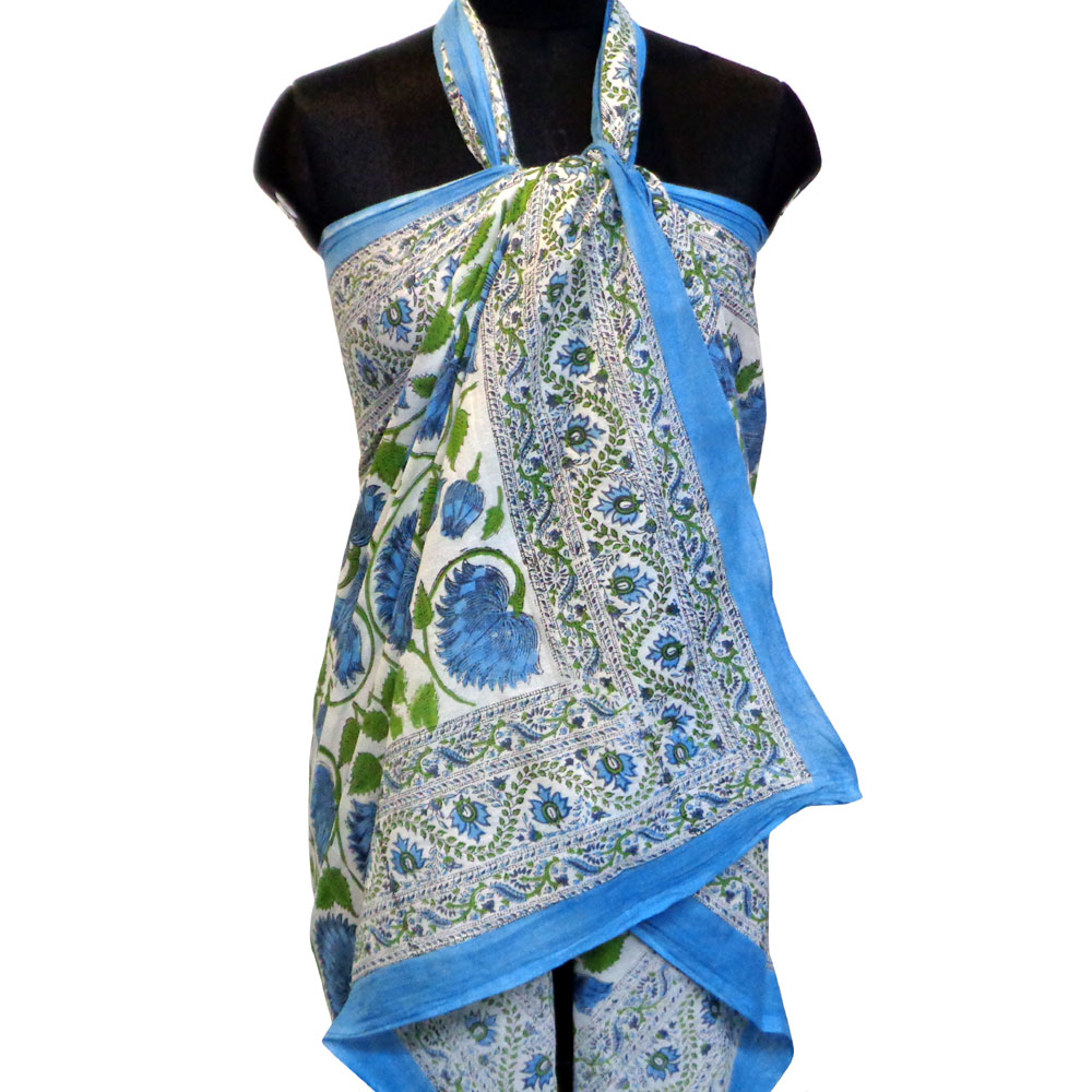 Beach Wrap Sarong Womens Swimwear Pareo Soft Cotton Hand Block Printed Kamal Aqua Open 106099