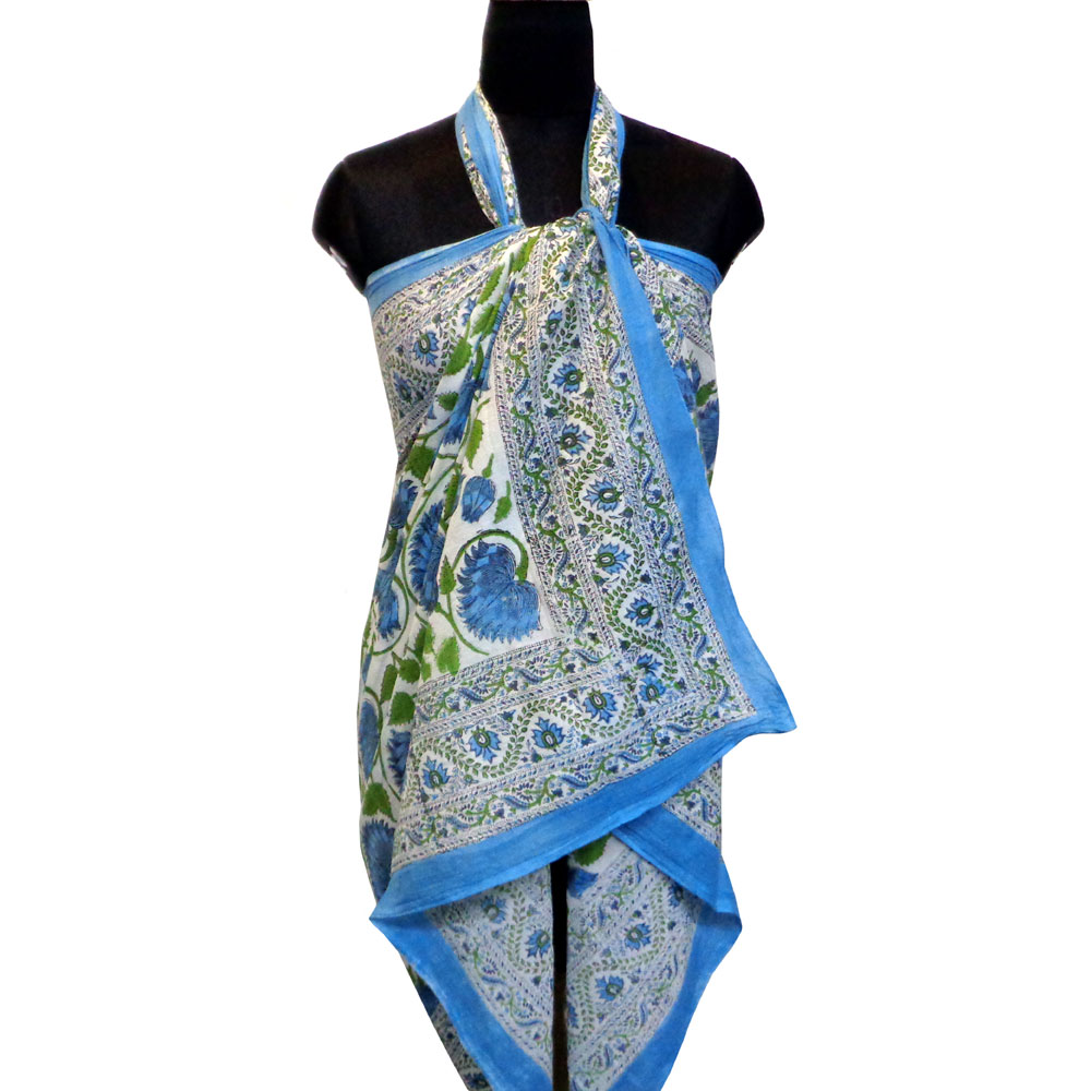 Beach Wrap Sarong Womens Swimwear Pareo Soft Cotton Hand Block Printed Kamal Aqua Open 106099