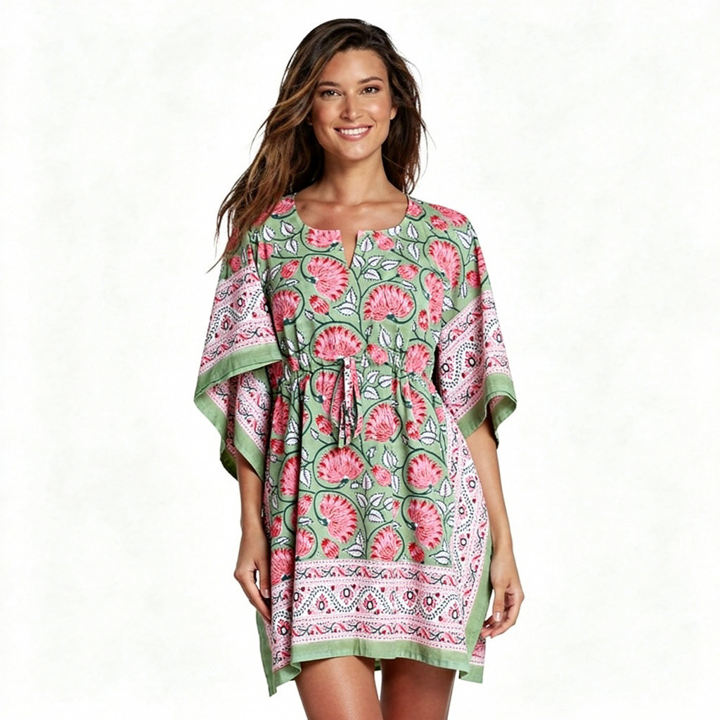 String Kaftan Free Size Indian Block Printed on Soft Cotton Voile Kamal Gulabi Gud 206591