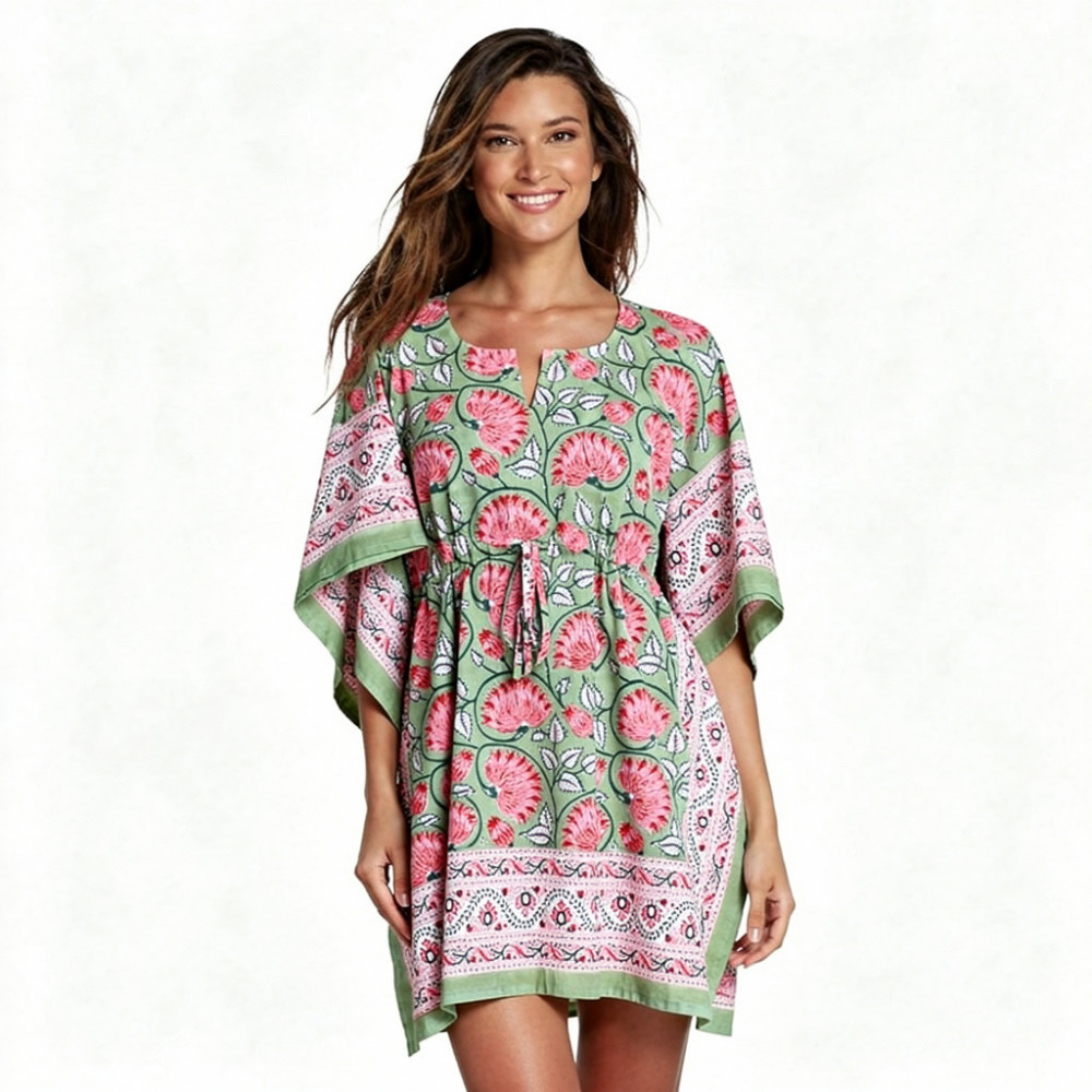 Image of String Kaftan Free Size Indian Block Printed on Soft Cotton Voile | Kamal Gulabi Gud 206591