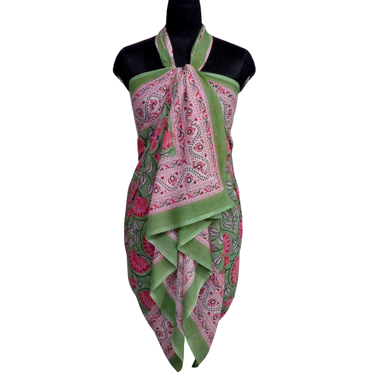 Beach Wrap Sarong Womens Swimwear Wraparound Pareo Soft Cotton Hand Block Printed Kamal Gulabi Gud 206591