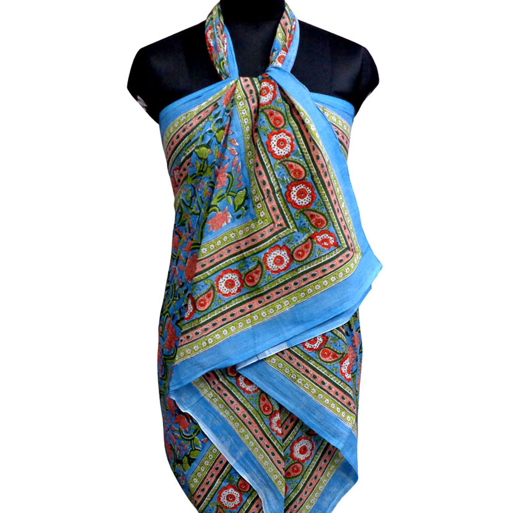 Beach Wrap Sarong Womens Swimwear Wraparound Pareo Soft Cotton Hand Block Printed Lotus Green Gud 204895