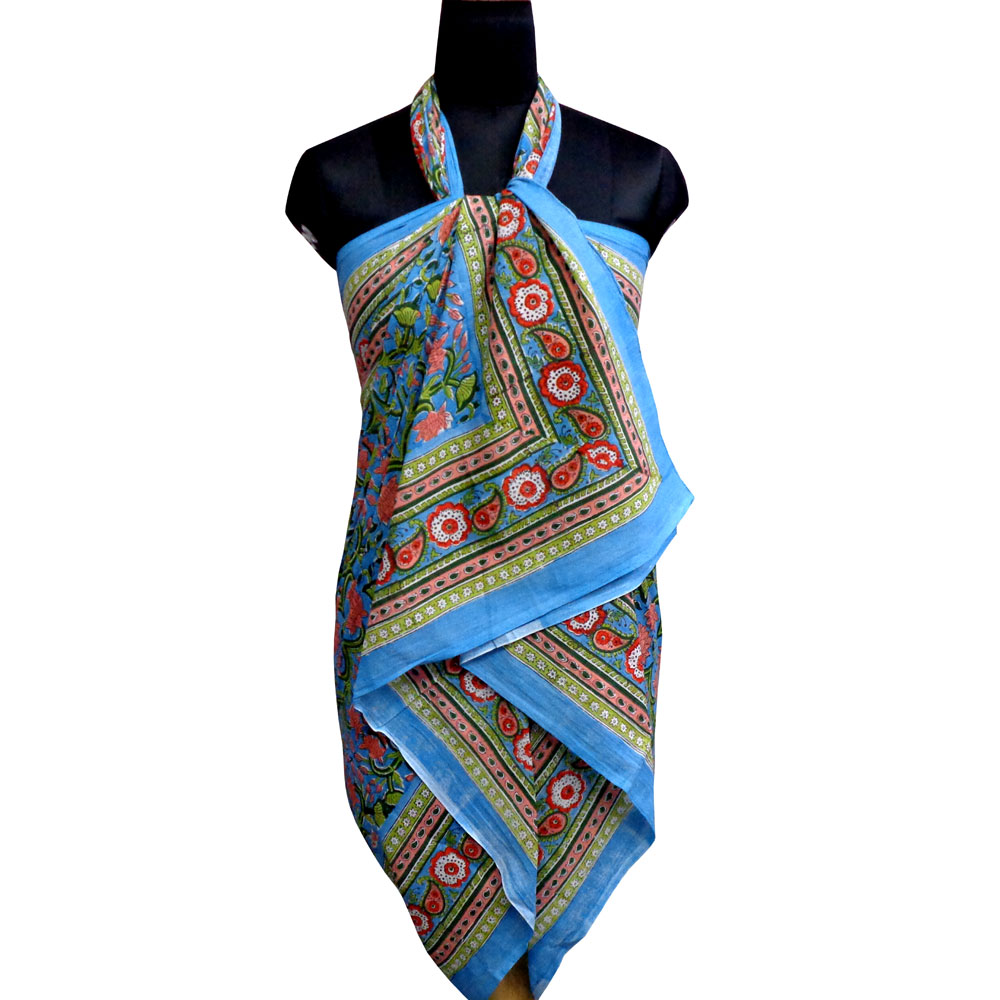 Beach Wrap Sarong Womens Swimwear Wraparound Pareo Soft Cotton Hand Block Printed Lotus Green Gud 204895