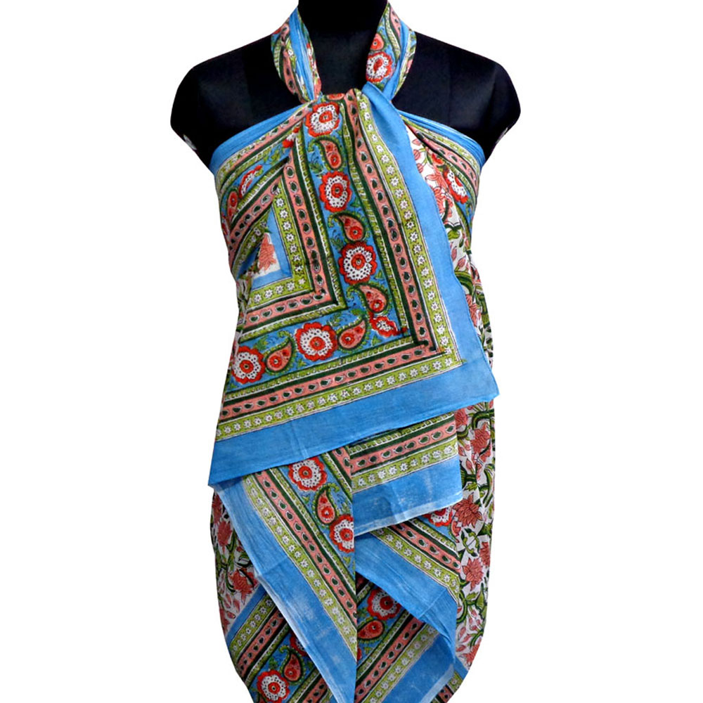 Beach Wrap Sarong Womens Swimwear Wraparound Pareo Soft Cotton Hand Block Printed Lotus Green Open 106868