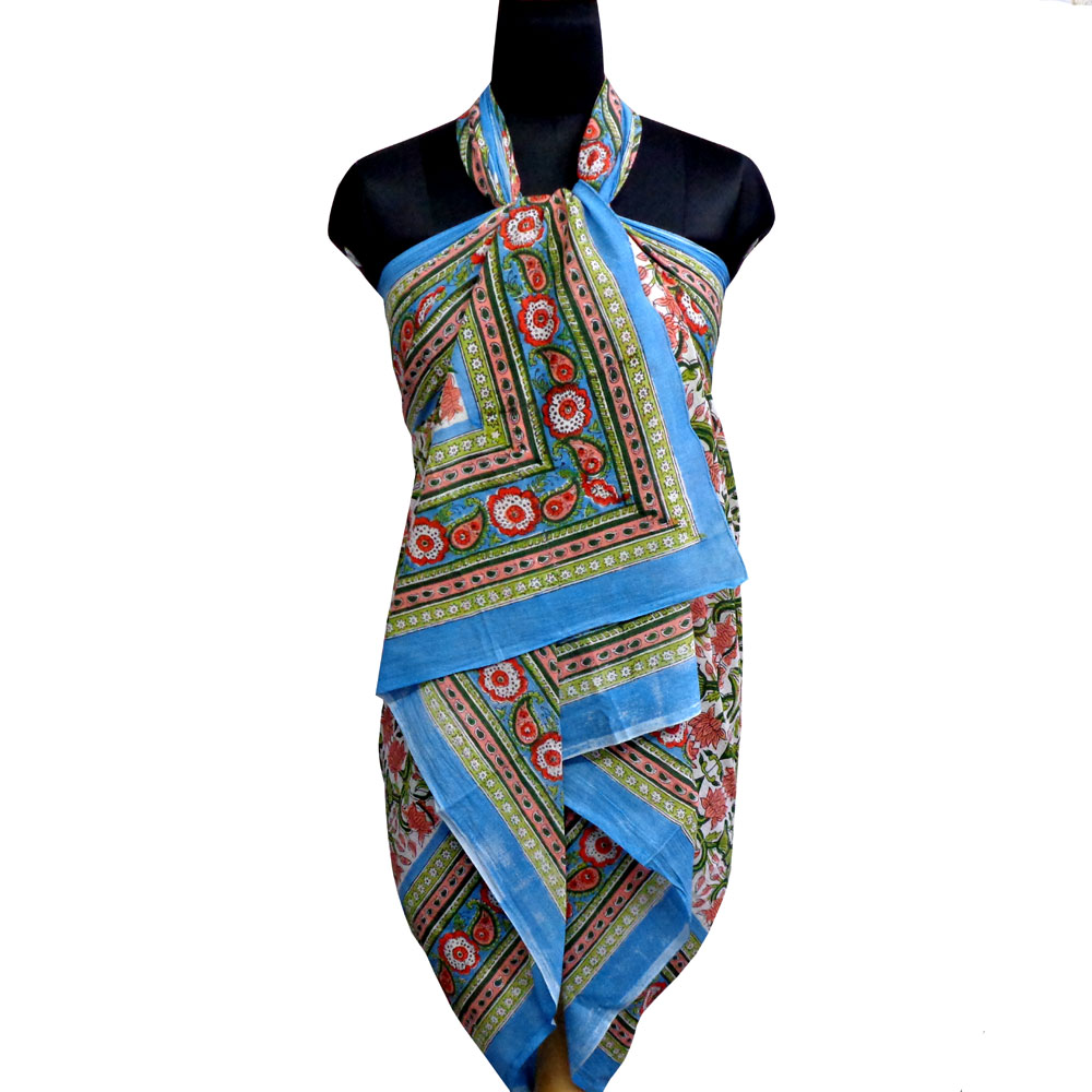 Beach Wrap Sarong Womens Swimwear Wraparound Pareo Soft Cotton Hand Block Printed Lotus Green Open 106868