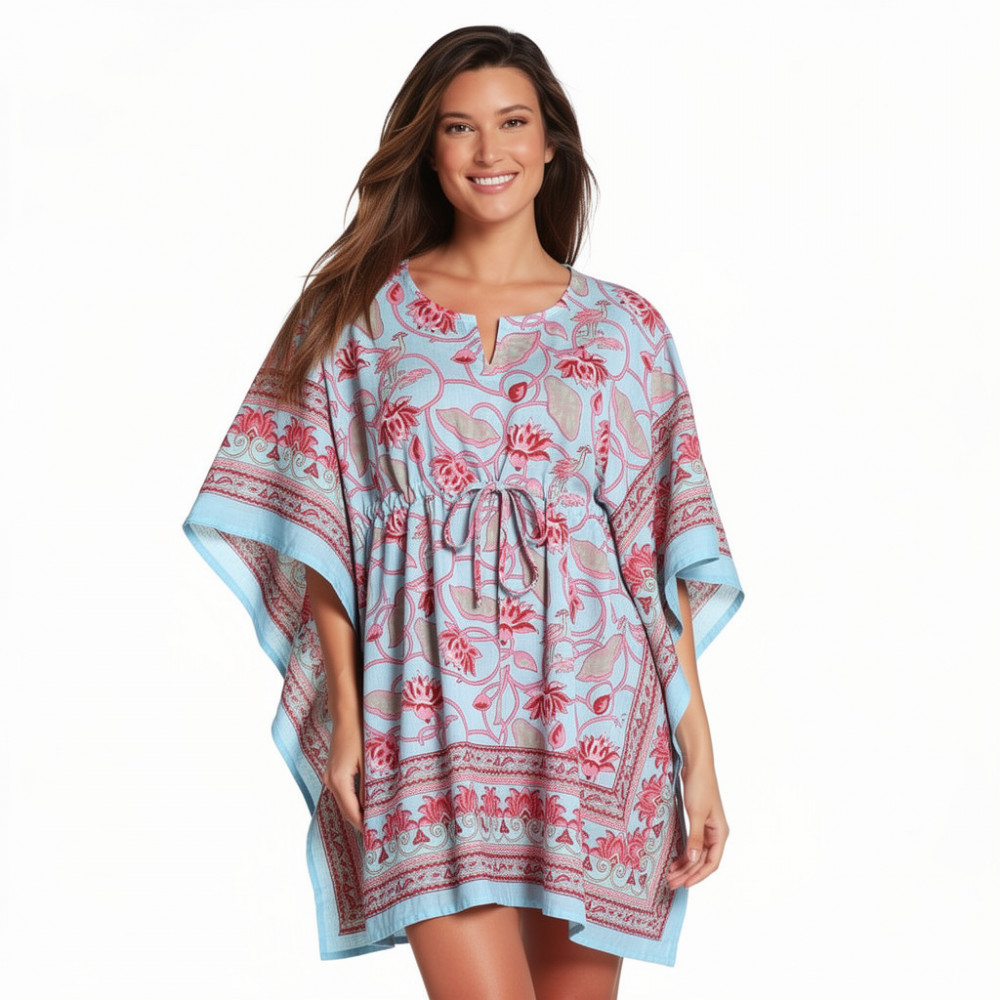 Image of String Kaftan Free Size Indian Block Printed on Soft Cotton Voile | Lotus Lake Jade 202202