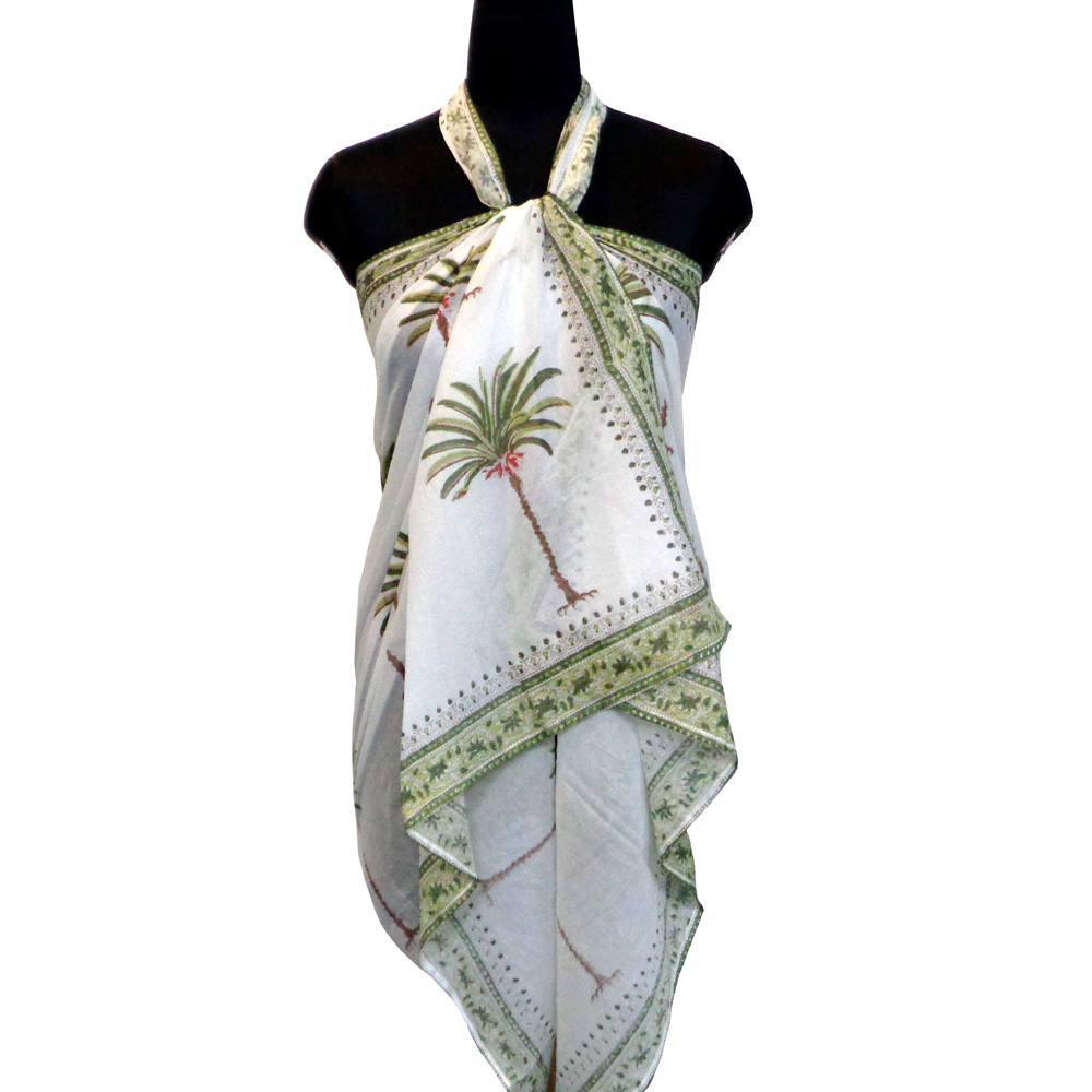 Beach Wrap Sarong Womens Swimwear Wraparound Pareo Soft Cotton Hand Block Printed Palm Tree Green 109024