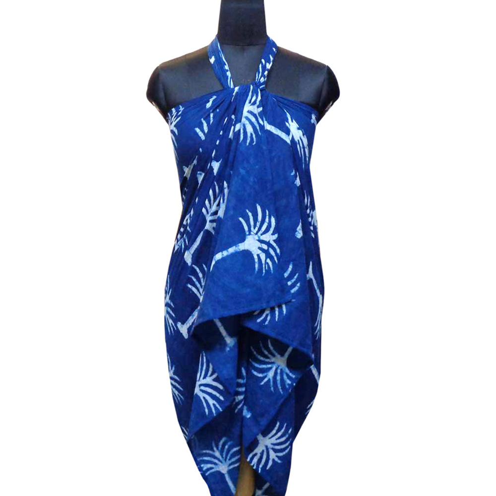 Beach Wrap Sarong Womens Swimwear Wraparound Pareo Soft Cotton Hand Block Printed Palm Tree White On Blue 203859