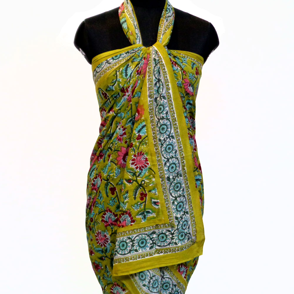 Beach Wrap Sarong Womens Swimwear Wraparound Pareo Soft Cotton Hand Block Printed Phuljhari Olive Gud 103487