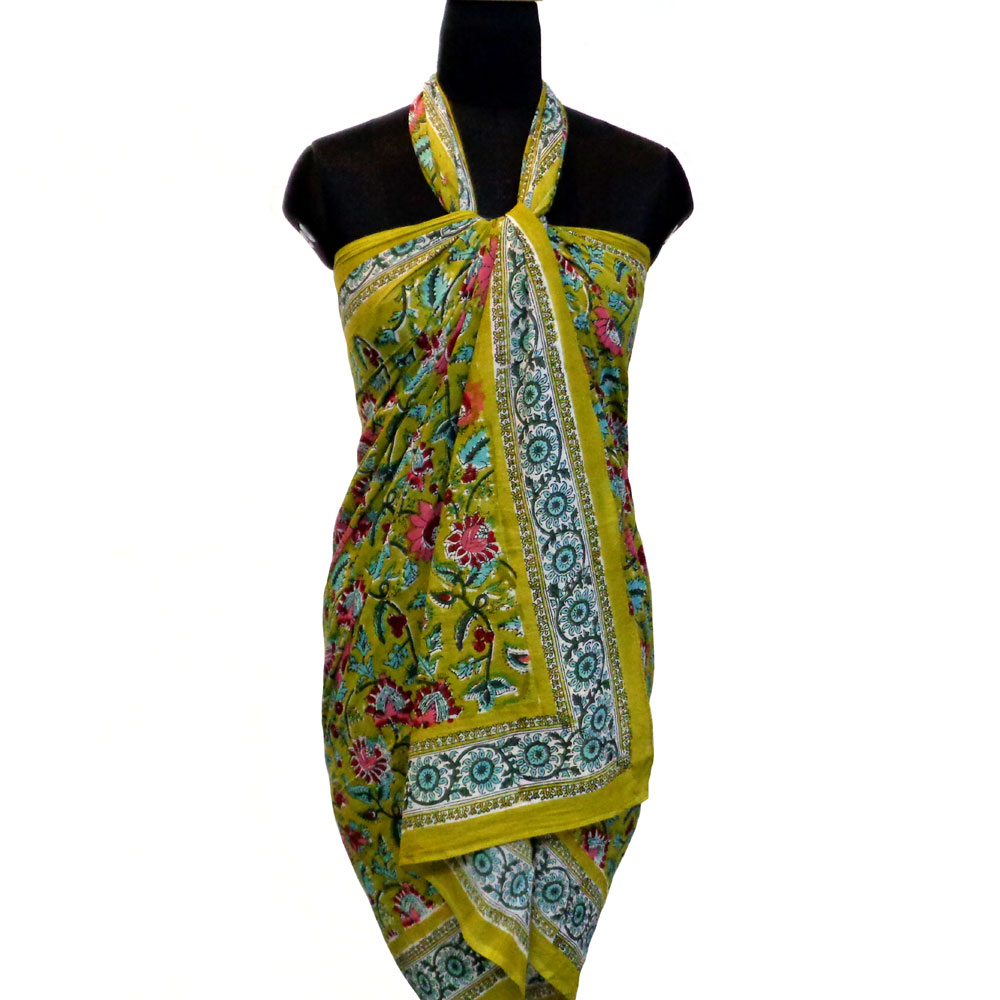 Beach Wrap Sarong Womens Swimwear Wraparound Pareo Soft Cotton Hand Block Printed Phuljhari Olive Gud 103487