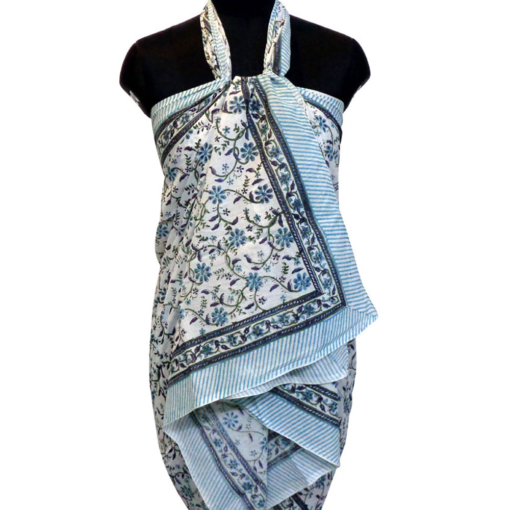Beach Wrap Sarong Womens Swimwear Wraparound Pareo Soft Cotton Hand Block Printed Ragini Blue 106149
