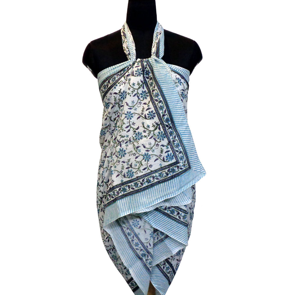 Beach Wrap Sarong Womens Swimwear Wraparound Pareo Soft Cotton Hand Block Printed Ragini Blue 106149