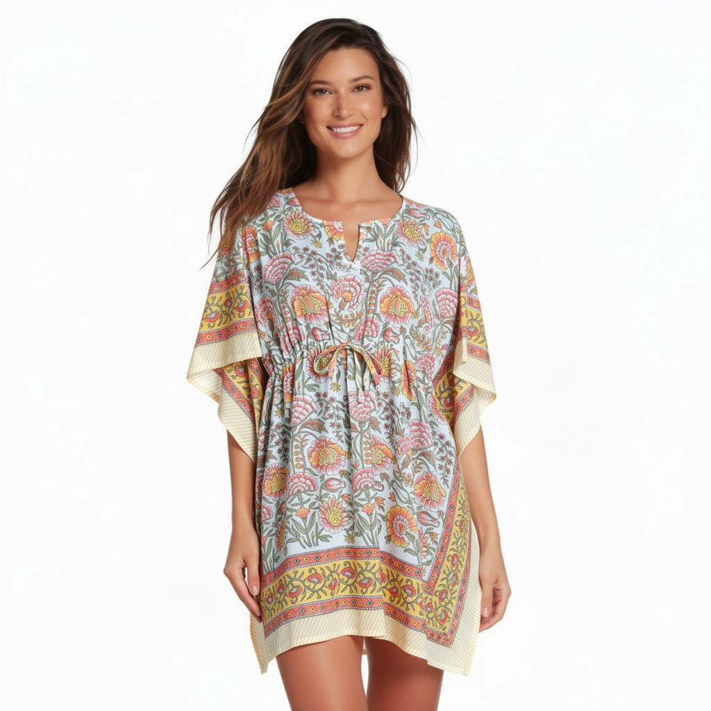 String Kaftan Free Size Indian Block Printed on Soft Cotton Voile Reshma Sea Green Open 203253