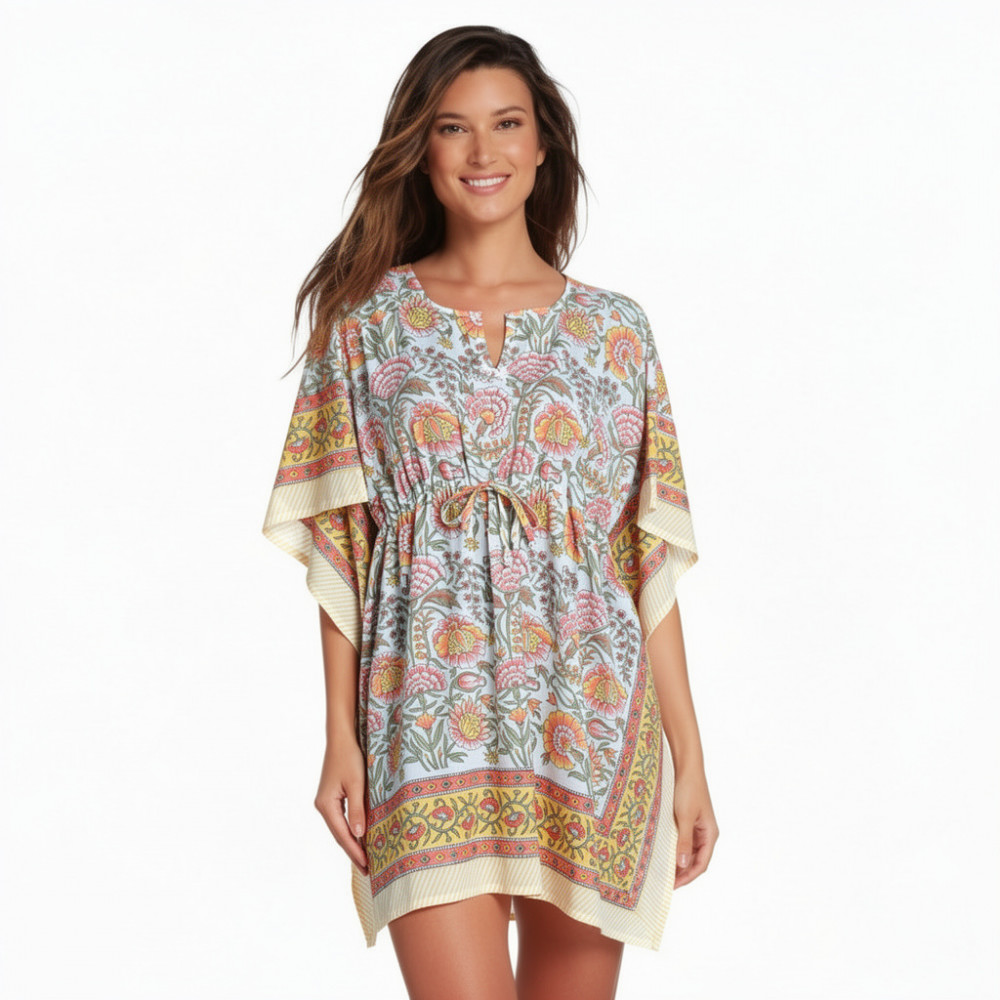 Image of String Kaftan Free Size Indian Block Printed on Soft Cotton Voile | Reshma Sea Green Open 203253