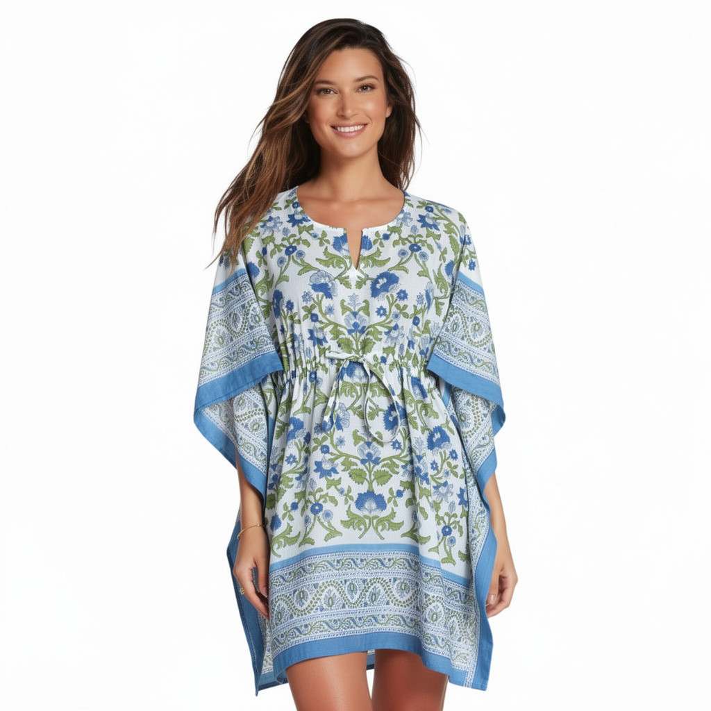 String Kaftan Free Size Indian Block Printed on Soft Cotton Voile Rukhsana Blue Open 103619