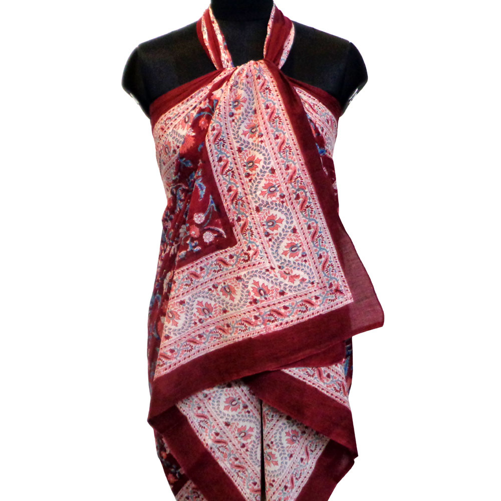 Beach Wrap Sarong Womens Swimwear Wraparound Pareo Soft Cotton Hand Block Printed Rukhsana Maroon Gud 105823