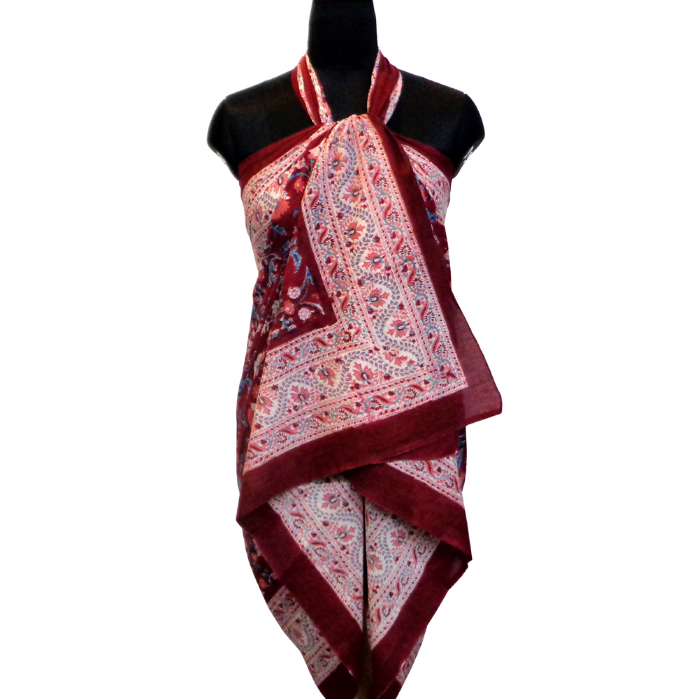 Beach Wrap Sarong Womens Swimwear Wraparound Pareo Soft Cotton Hand Block Printed Rukhsana Maroon Gud 105823