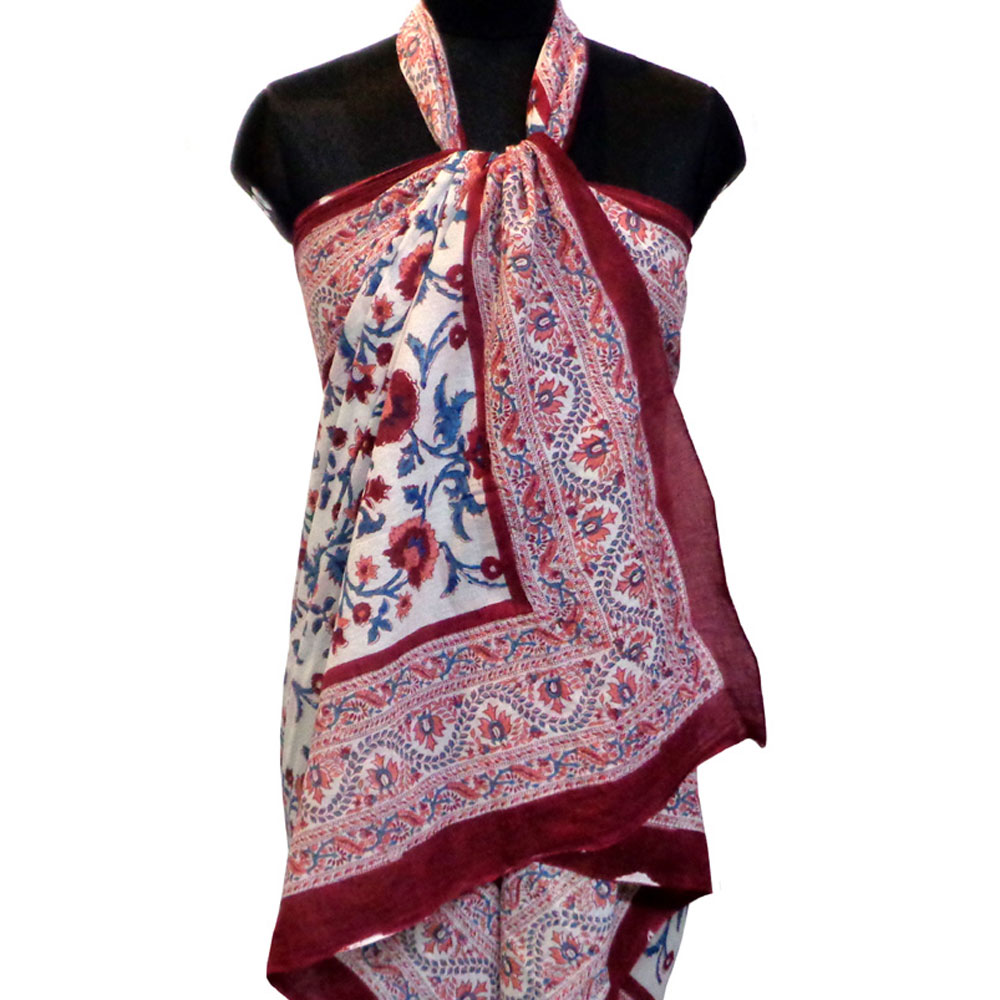 Beach Wrap Sarong Womens Swimwear Wraparound Pareo Soft Cotton Hand Block Printed Rukhsana Maroon Open 105970