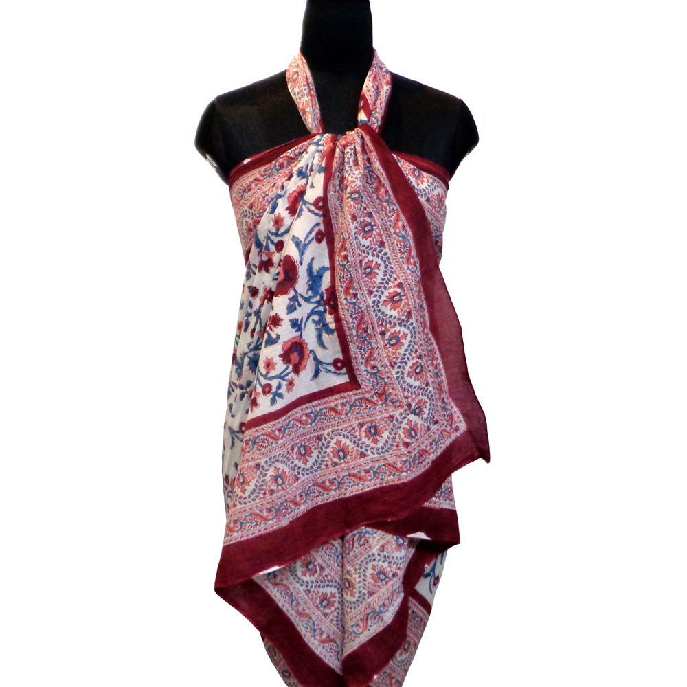 Beach Wrap Sarong Womens Swimwear Wraparound Pareo Soft Cotton Hand Block Printed Rukhsana Maroon Open 105970