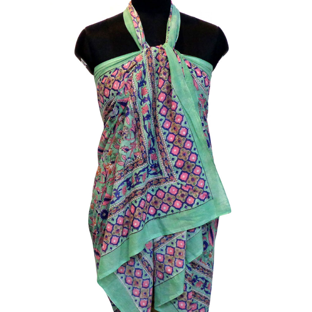 Beach Wrap Sarong Womens Swimwear Wraparound Pareo Soft Cotton Hand Block Printed  Wild Flower Ocean Gud 100317