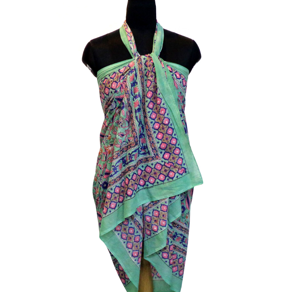Beach Wrap Sarong Womens Swimwear Wraparound Pareo Soft Cotton Hand Block Printed  Wild Flower Ocean Gud 100317