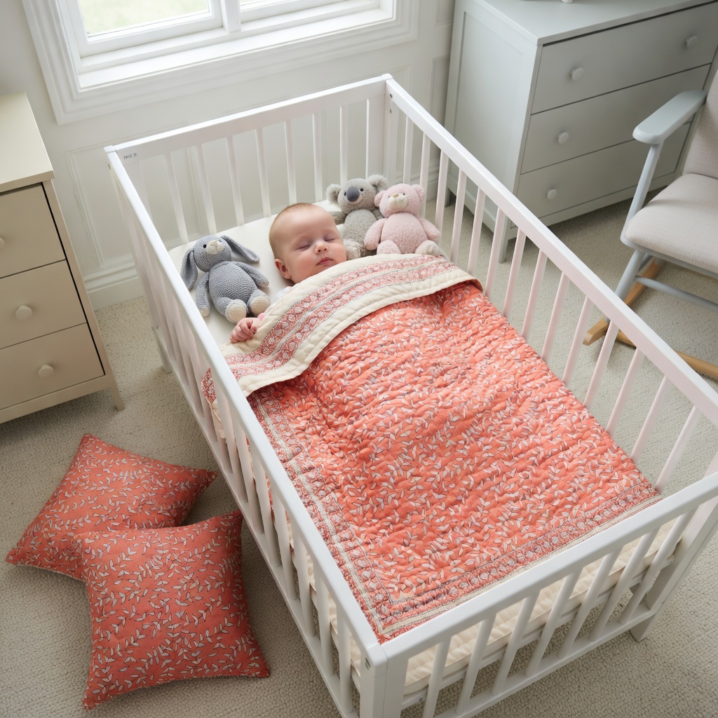 Hand Block Printed Baby Quilt Jaipur Razai Harmony Peach Fill 260415