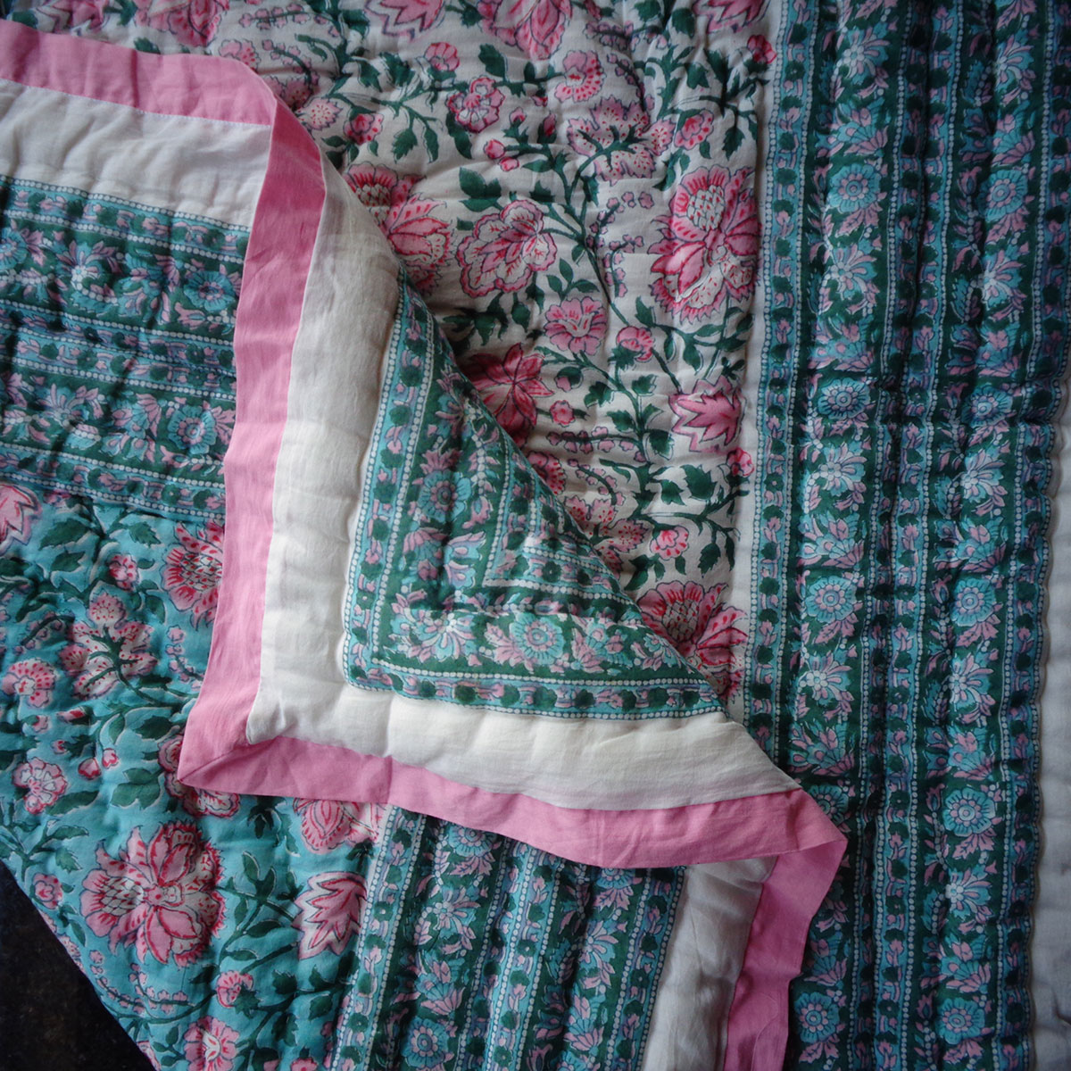 Hand Block Printed Baby Quilt Jaipur Razai Mohini Green Gud 620605