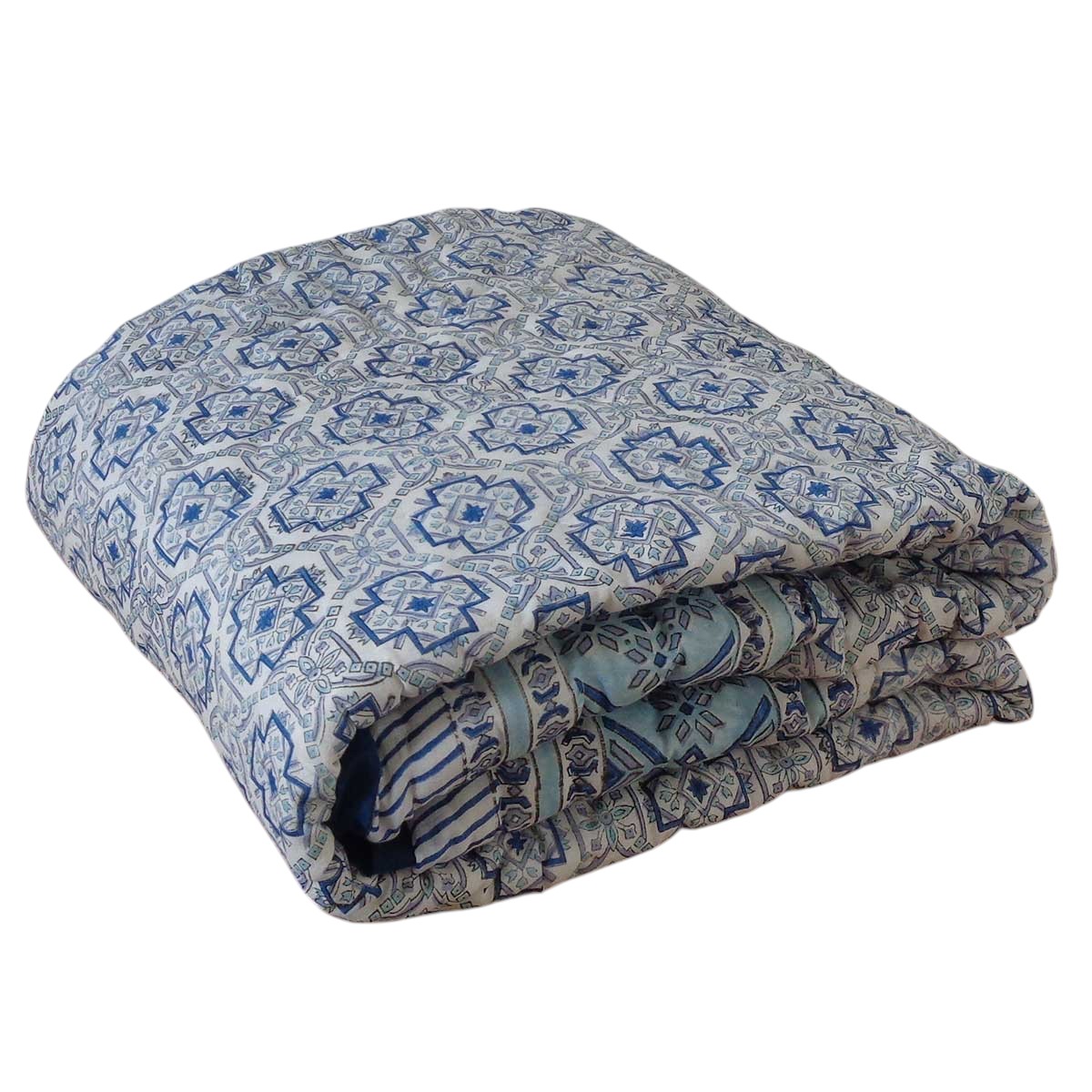 Hand Block Printed Baby Quilt Jaipur Razai  Geo Cross Blue 906779