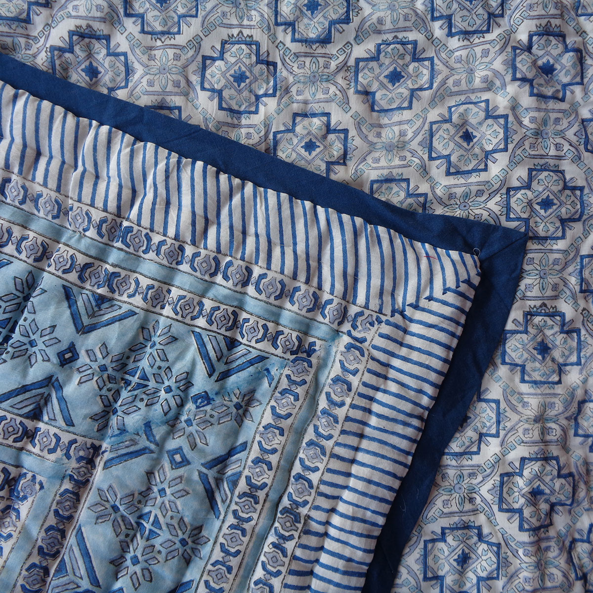 Hand Block Printed Baby Quilt Jaipur Razai  Geo Cross Blue 906779