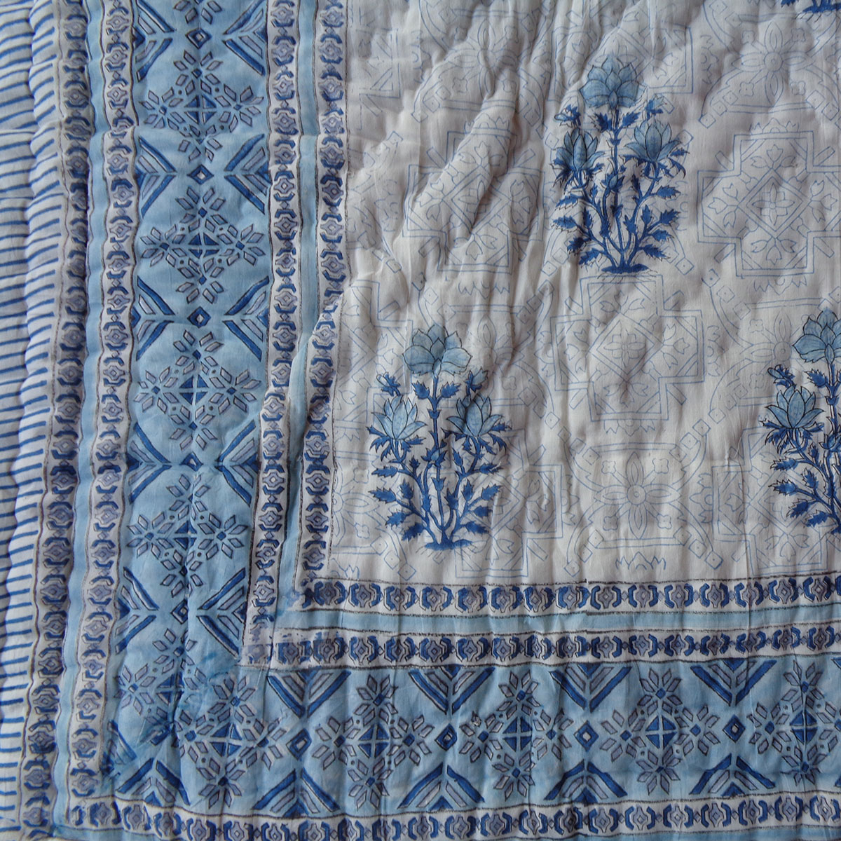 Hand Block Printed Baby Quilt Jaipur Razai Geo Cross Blue 906779