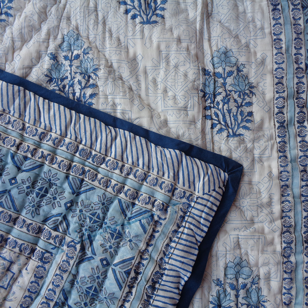 Hand Block Printed Baby Quilt Jaipur Razai  Geo Cross Blue 906779