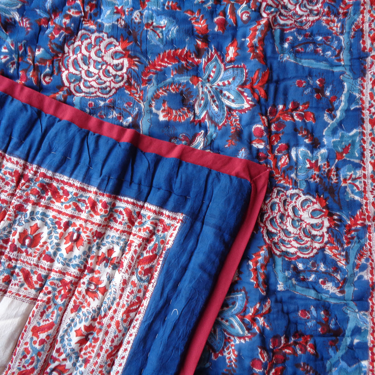 Hand Block Printed Baby Quilt Jaipur Razai New Dark Blue Flower 504650