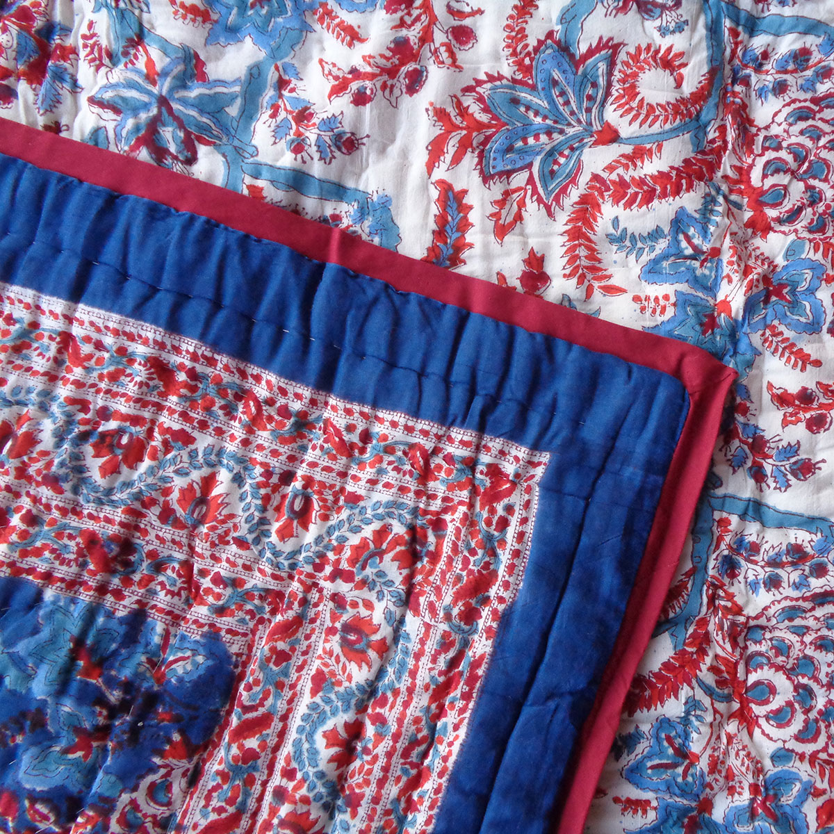 Hand Block Printed Baby Quilt Jaipur Razai  New Dark Blue Flower 504650