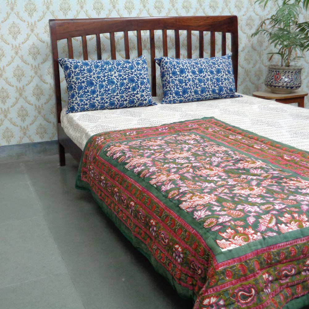 Baby Quilt for Toddler Hand Block Printed Amarnath Green Gud 109001