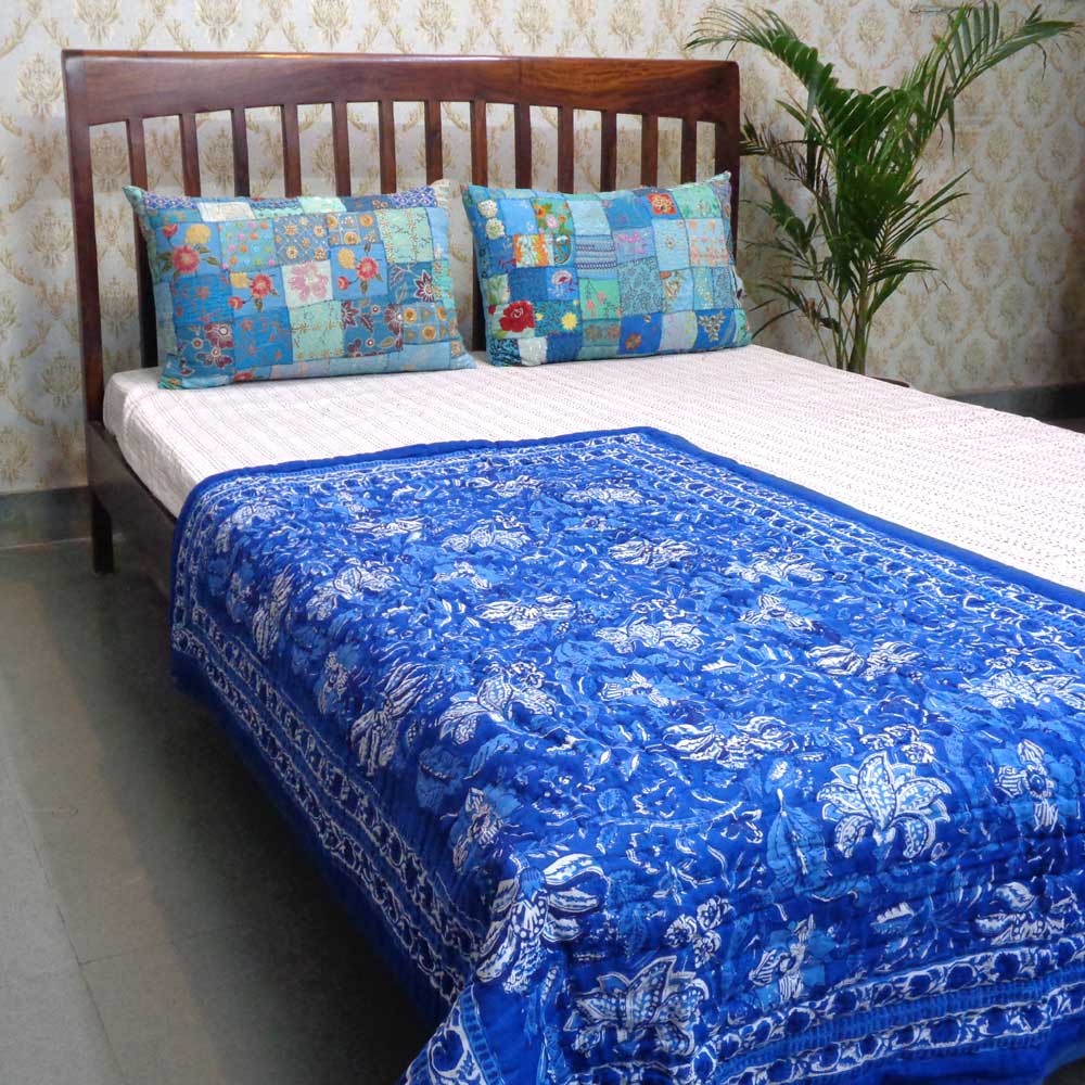 Hand Block Printed Baby Quilt 100x140 cm Jaipur Razai Anarkali Blue Gud 106797