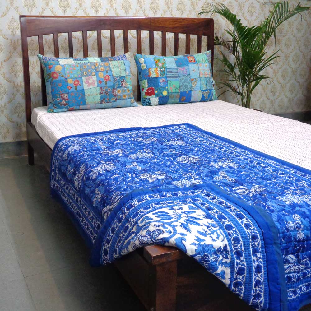 Hand Block Printed Baby Quilt 100x140 cm Jaipur Razai Anarkali Blue Gud 106797