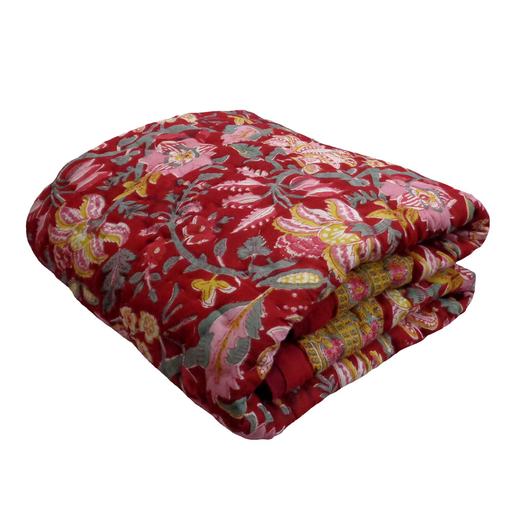 Hand Block Printed Baby Quilt  100x140 cm Jaipur Razai  Anarkali Red Gud 201397